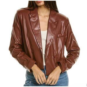 NWT Area Stars Brown Faux Leather Double-Breasted Cropped Blazer‎ Jacket